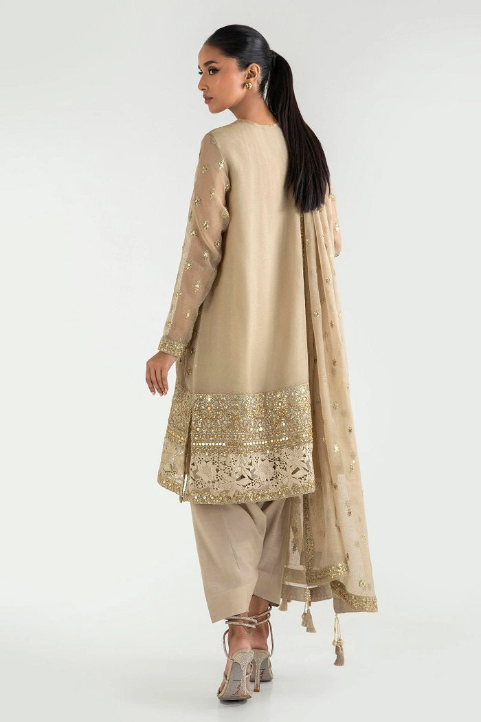 Beige Cotton Net Embroidered Dress