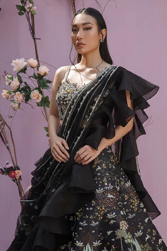 Black Silk and Organza Saree Lehnga