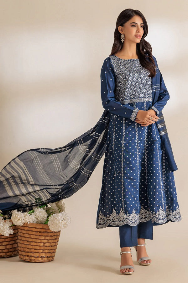 Blue Dyed Khaddi Net Embroidered Dress