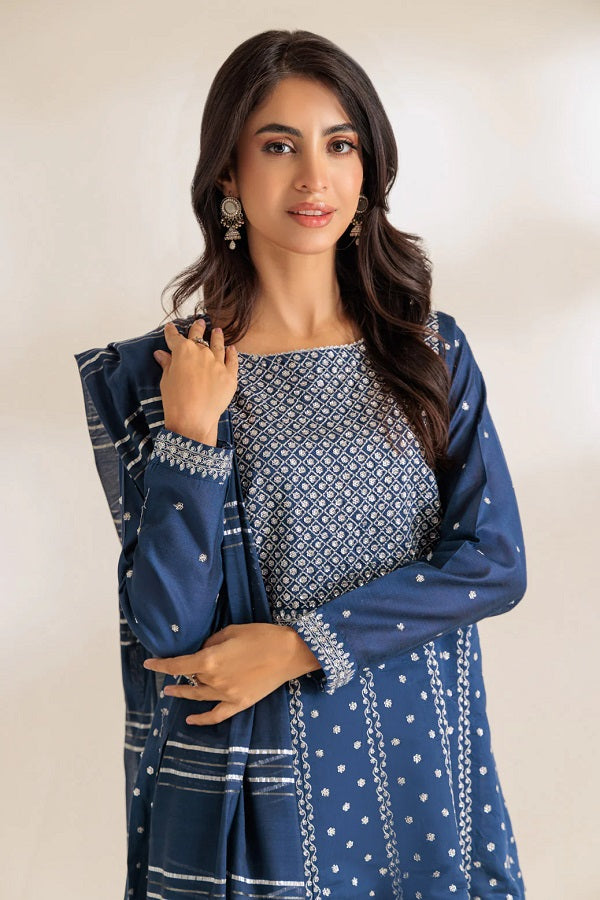 Blue Dyed Khaddi Net Embroidered Dress