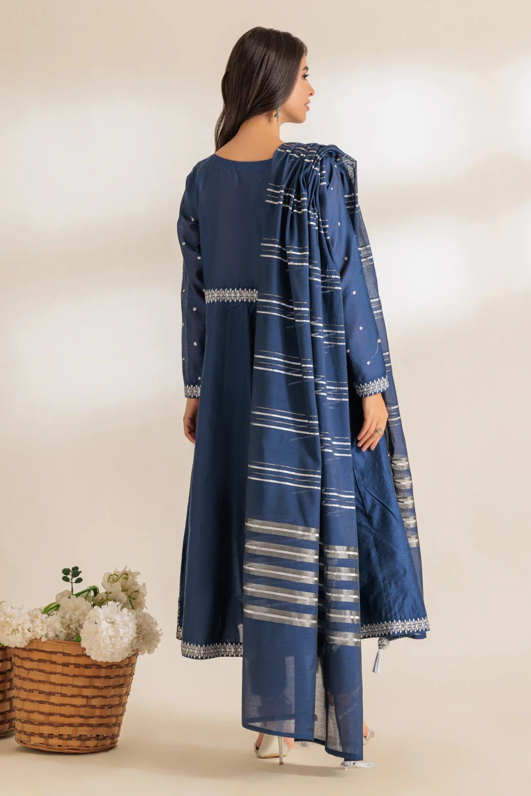 Blue Dyed Khaddi Net Embroidered Dress