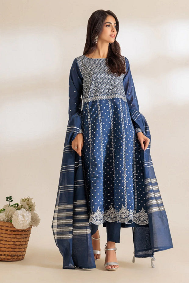 Blue Dyed Khaddi Net Embroidered Dress