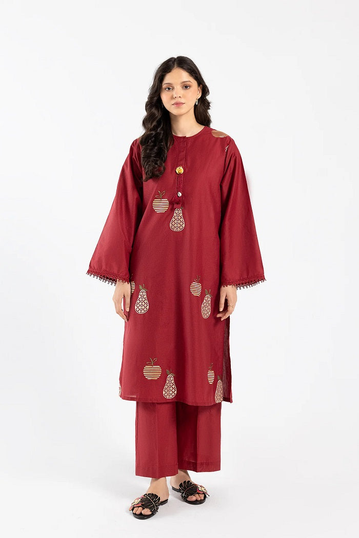 Crimson Red Color Embroidered Suit