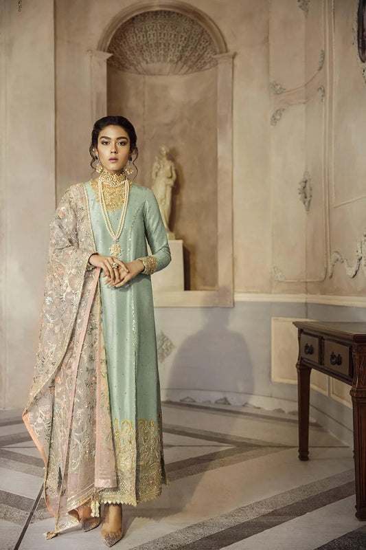 Mint green raw silk mukesh top with handworked neckline Dress