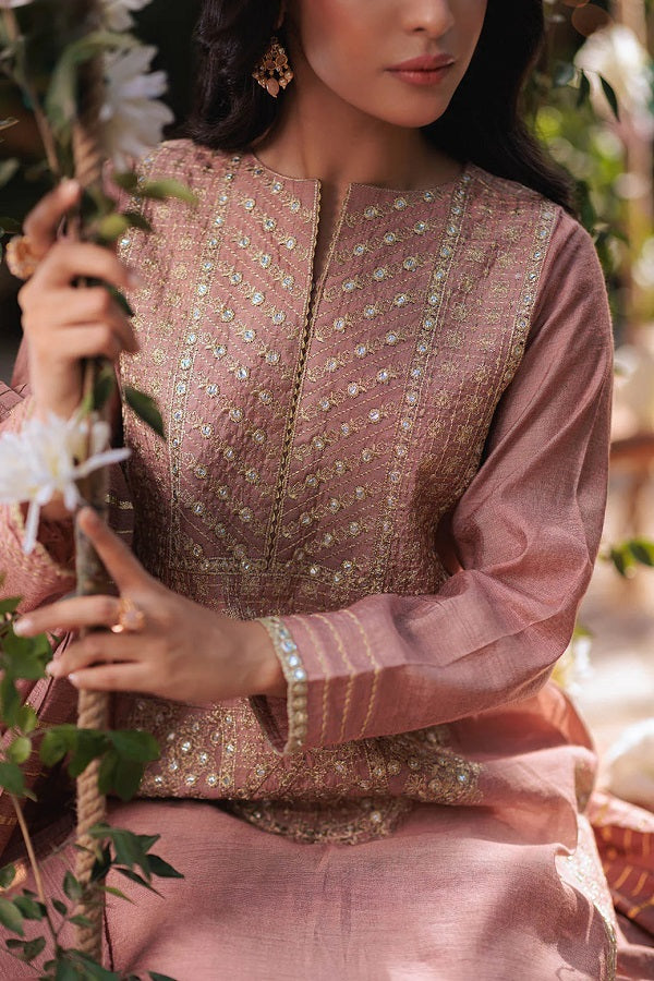 Peach Dyed Khaddi Net Embroidered Dress