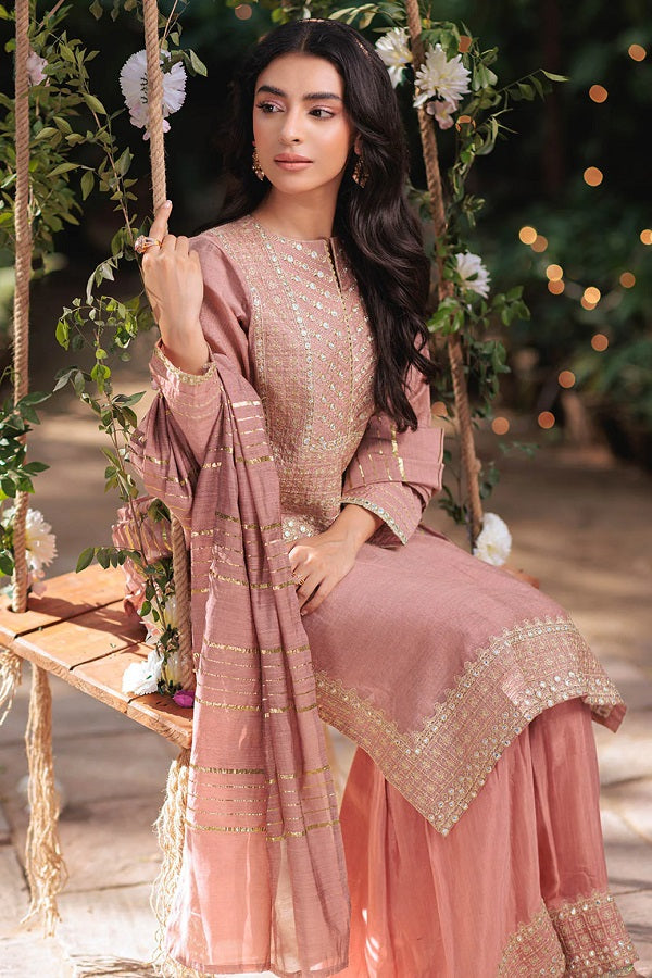 Peach Dyed Khaddi Net Embroidered Dress