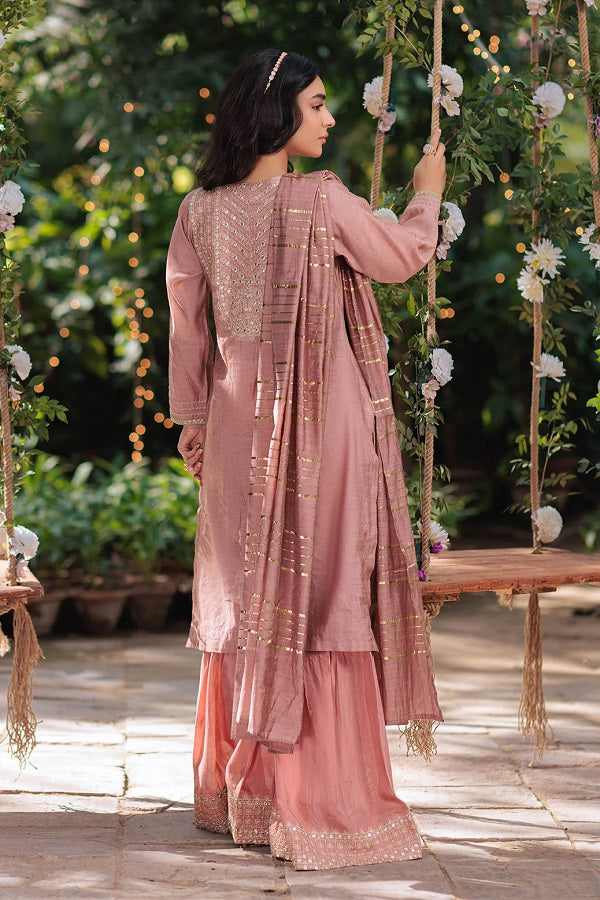 Peach Dyed Khaddi Net Embroidered Dress