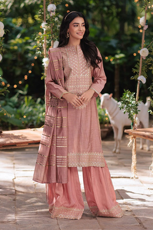 Peach Dyed Khaddi Net Embroidered Dress