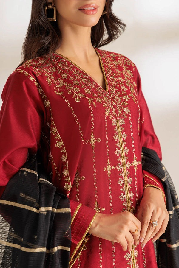 Red Dyed Khaddi Net Embroidered Dress