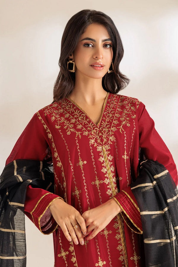 Red Dyed Khaddi Net Embroidered Dress