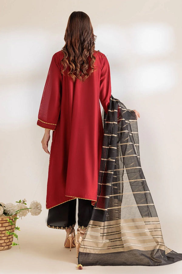 Red Dyed Khaddi Net Embroidered Dress