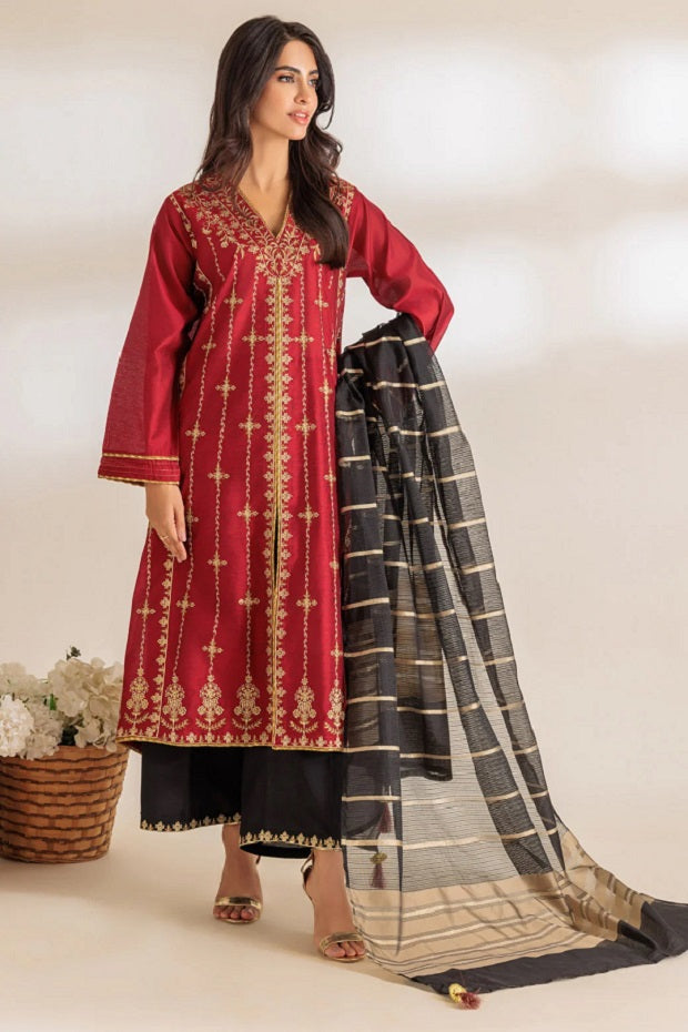 Red Dyed Khaddi Net Embroidered Dress